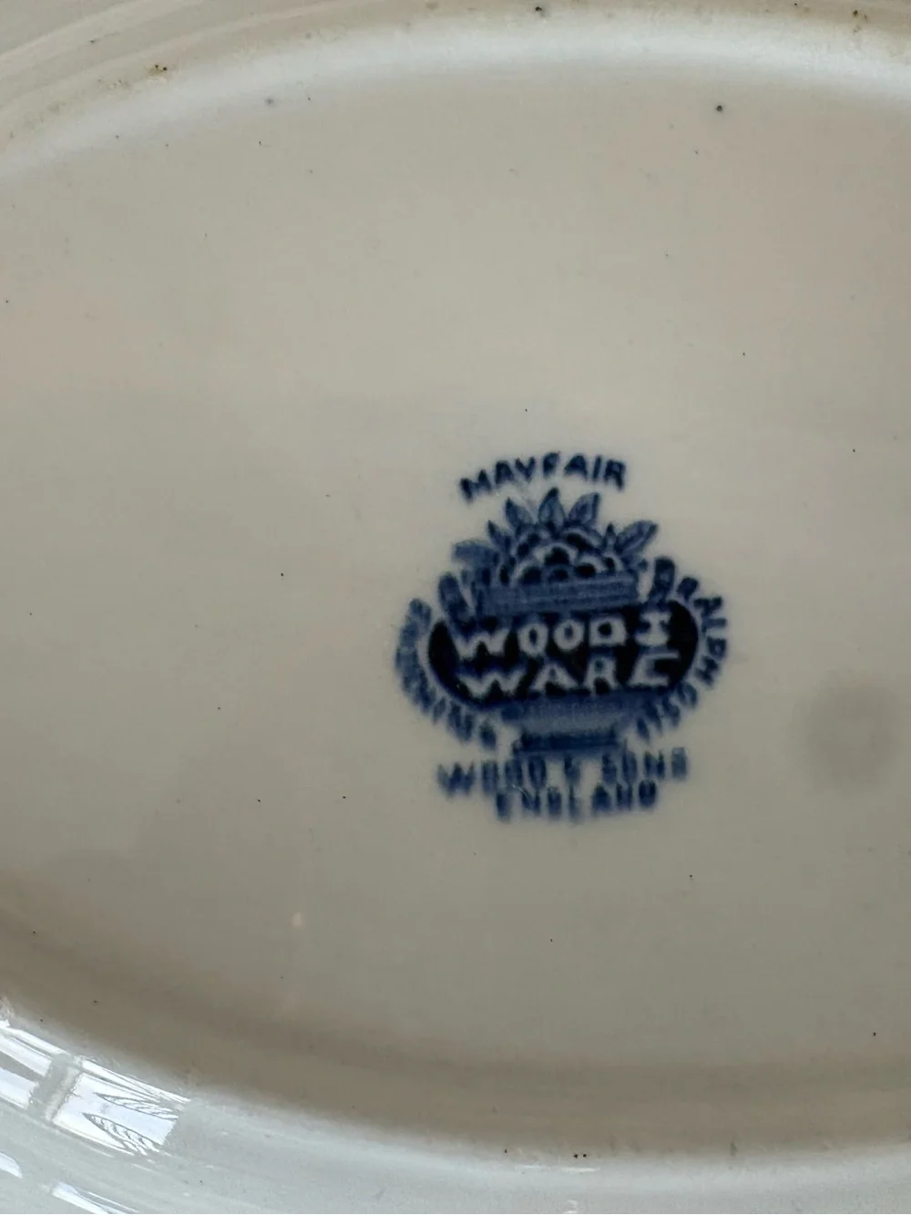 Vtg Woods Ware Mayfair Blue & White Oval Serving Bowl Bird/Floral 10”